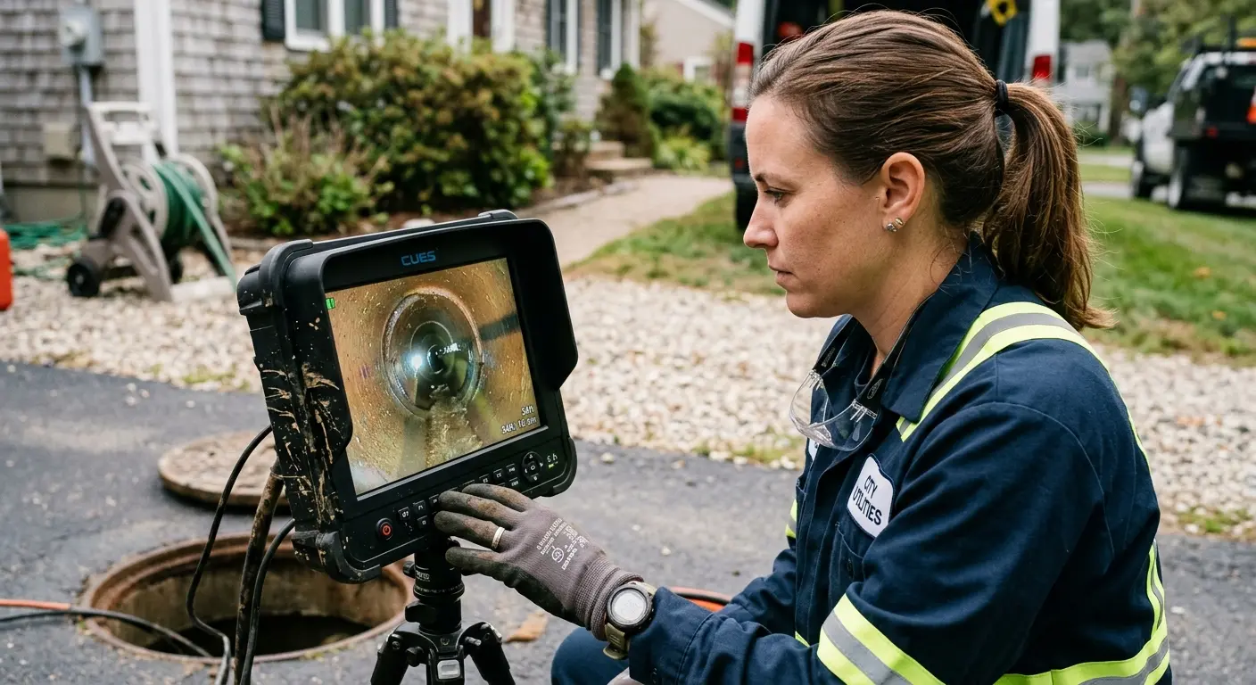 Technician reviewing sewer camera inspection footage in Orchard Mesa
