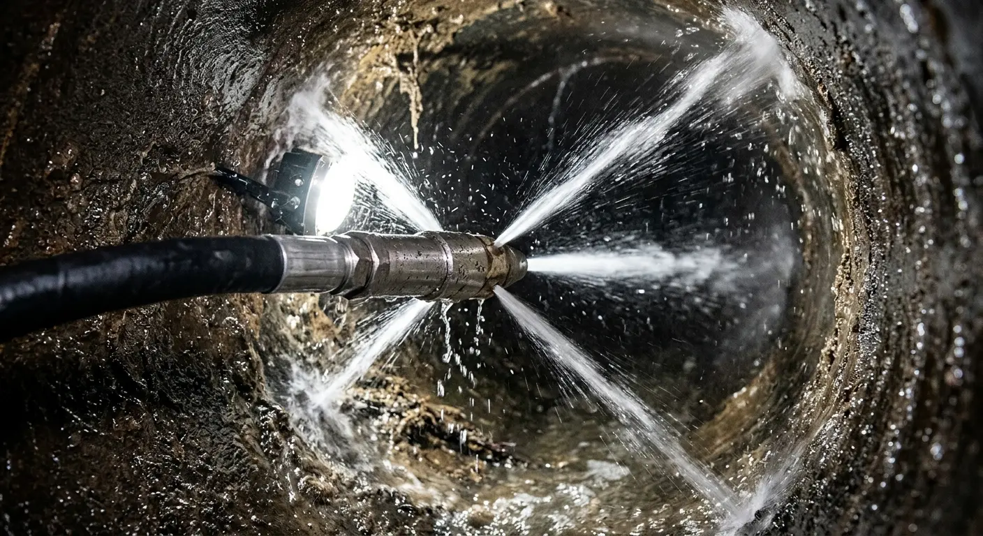 High-pressure hydro jetting nozzle cleaning sewer pipe for Trenchless Sewer Repair in Orchard Mesa