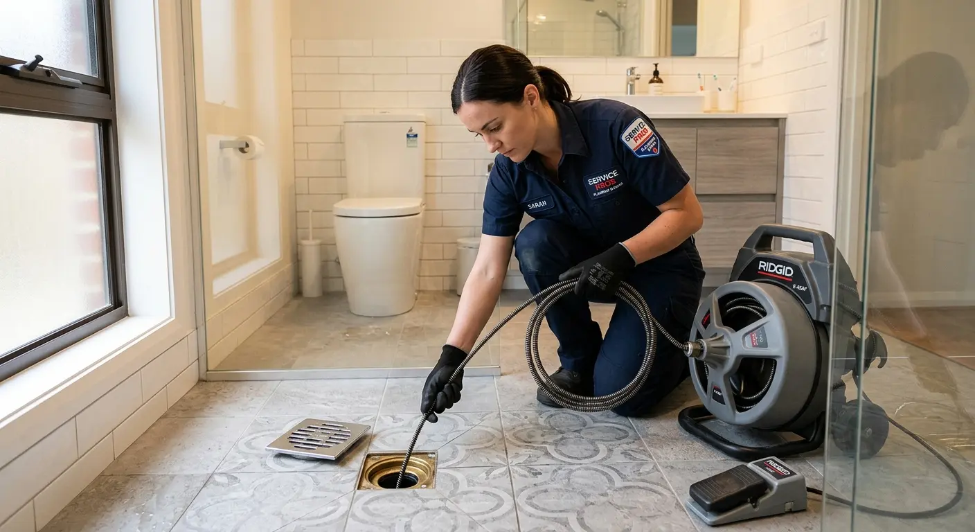Technician clearing a bathroom floor drain for Clogged Drain Repair in Orchard Mesa